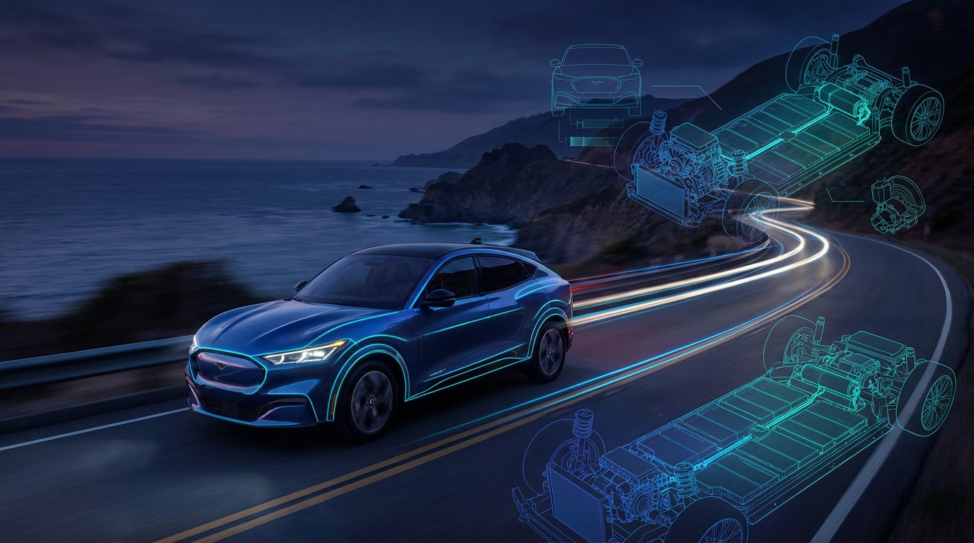 Blue Ford Mustang Mach-E electric SUV accelerating on a modern highway