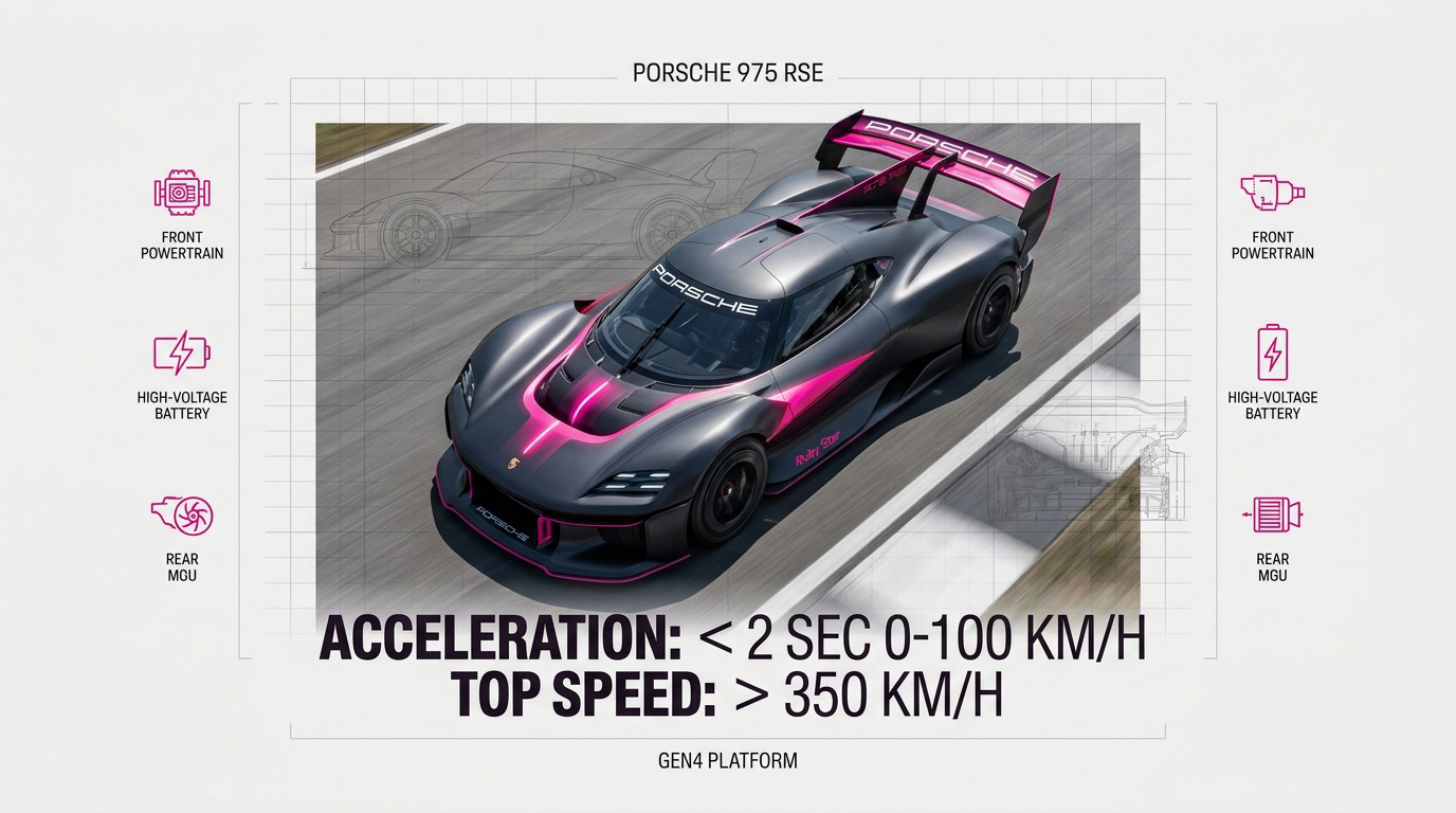 The futuristic Porsche 975 RSE GEN4 electric racing car on a street circuit