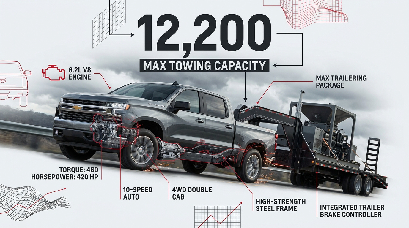 2019 Chevrolet Silverado 1500 towing a heavy trailer showing maximum capacity
