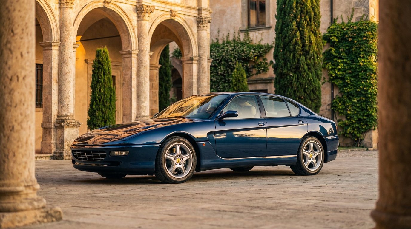 A dark blue Ferrari 456 GT sedan is parked on a stone courtyard with classical stone arches and green trees in the background.