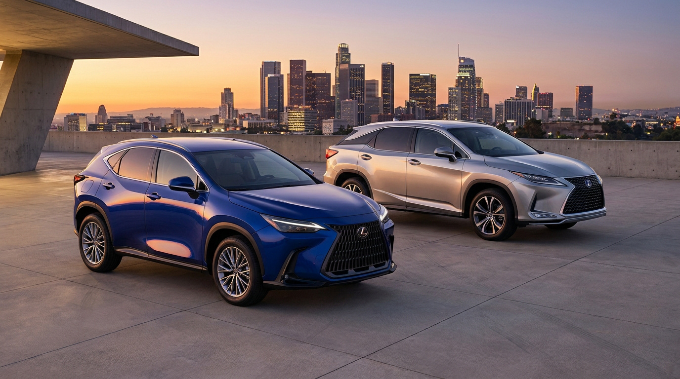 Blue Lexus NX and silver Lexus RX parked on a concrete lot against a vibrant orange and blue city skyline at dusk.