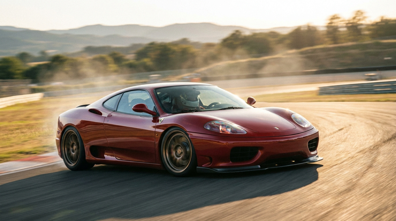 Red Ferrari 360, modified for track, cornering on a sunny circuit with driver visible and motion blur.