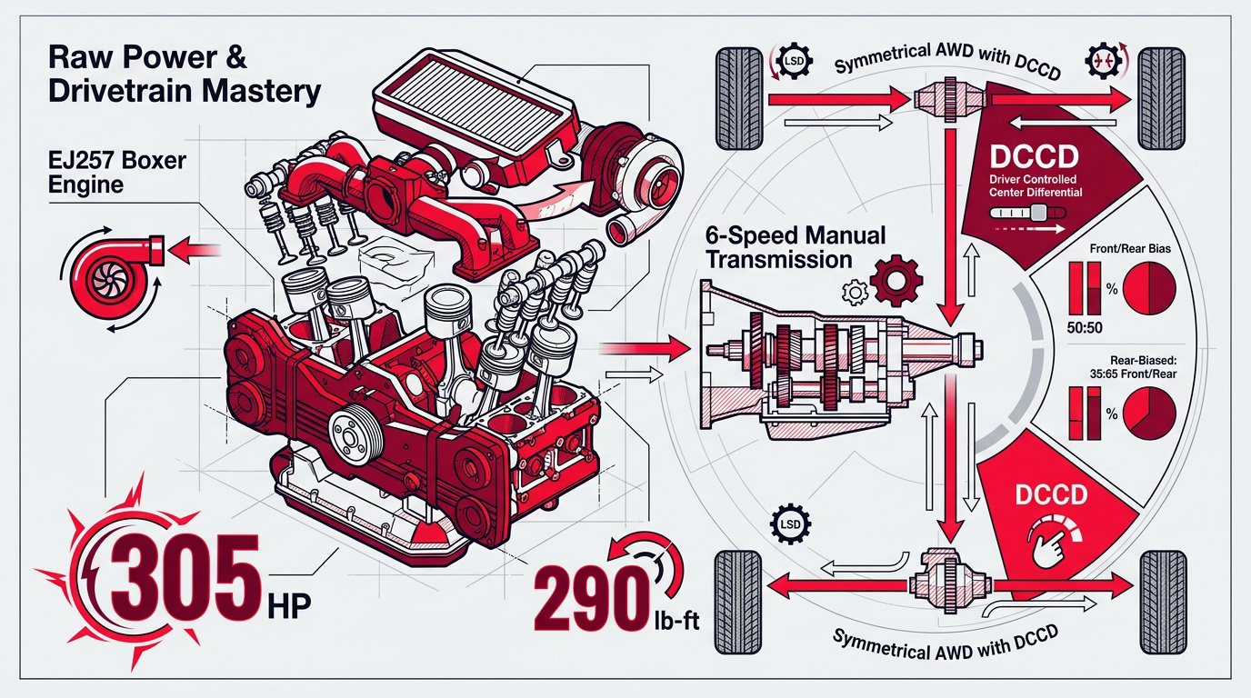 2010 Subaru WRX STI engine bay and drivetrain components showing the EJ257 boxer engine