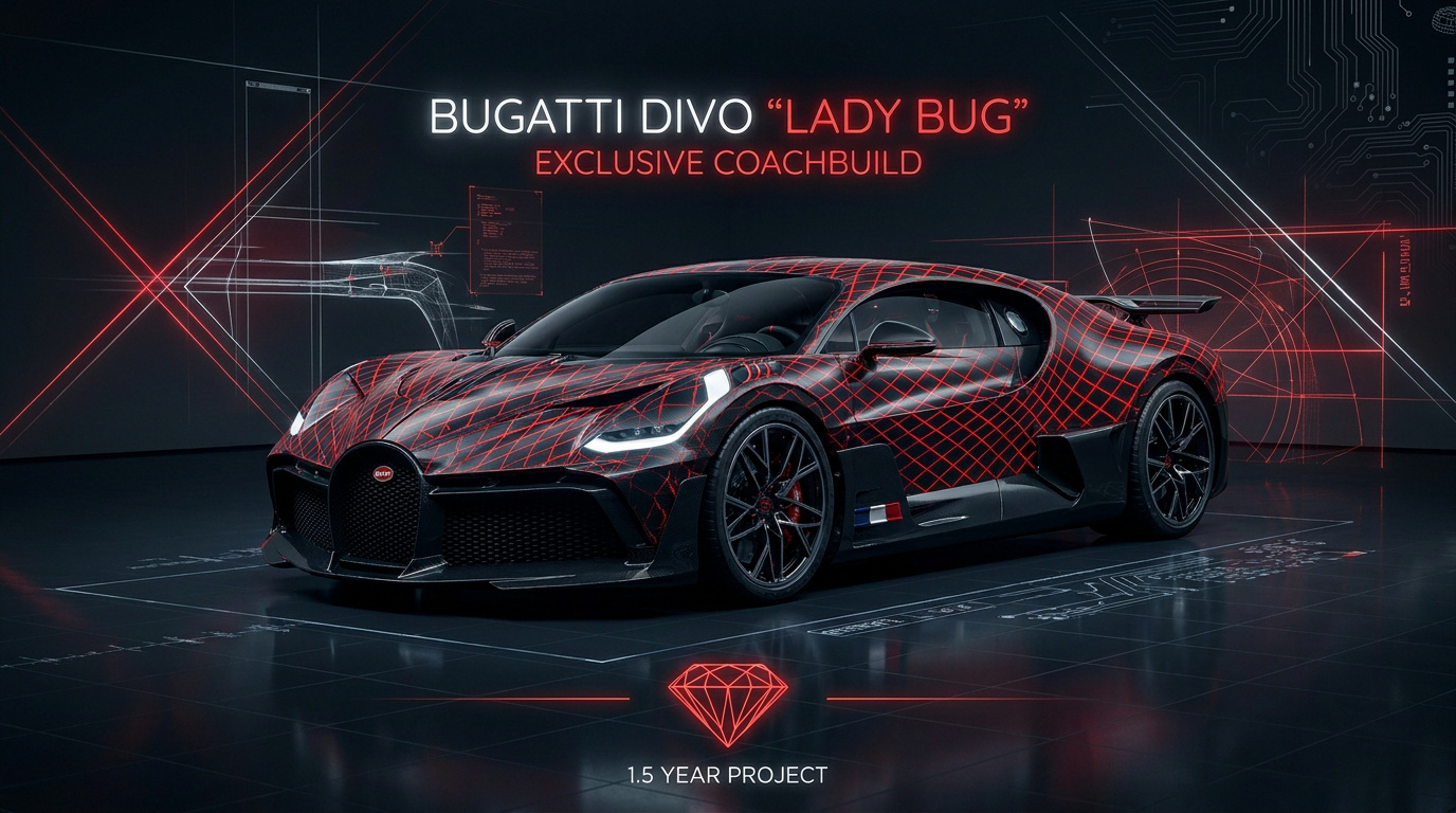 Bugatti Divo Lady Bug featuring the complex red and graphite diamond geometric pattern
