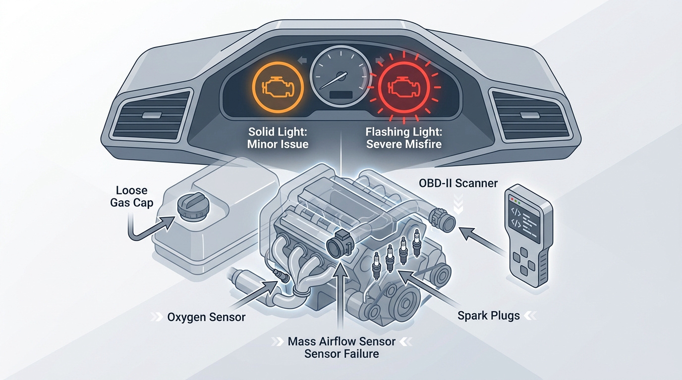 Car dashboard showing check engine warning light and diagnostic symbols