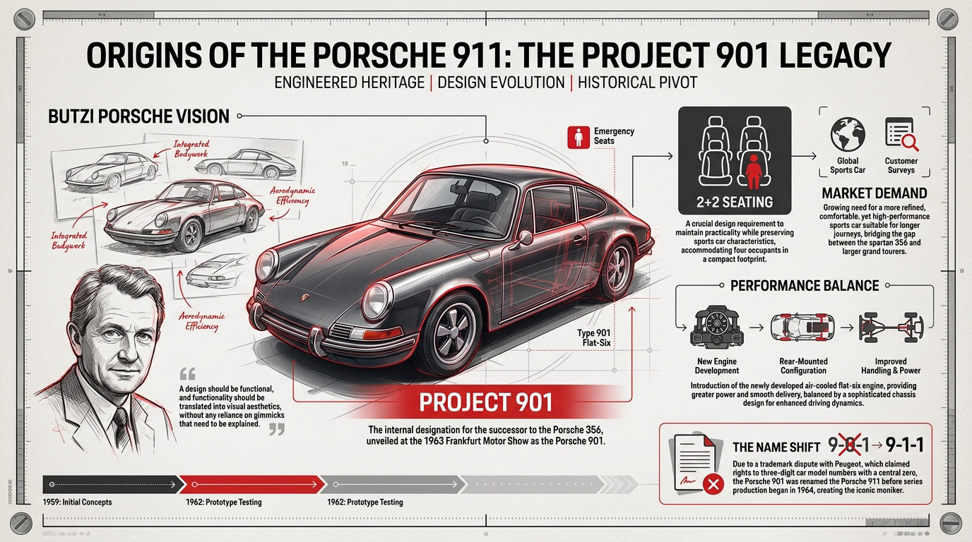 Classic Porsche 901 prototype highlighting the origins of the 911 design legacy