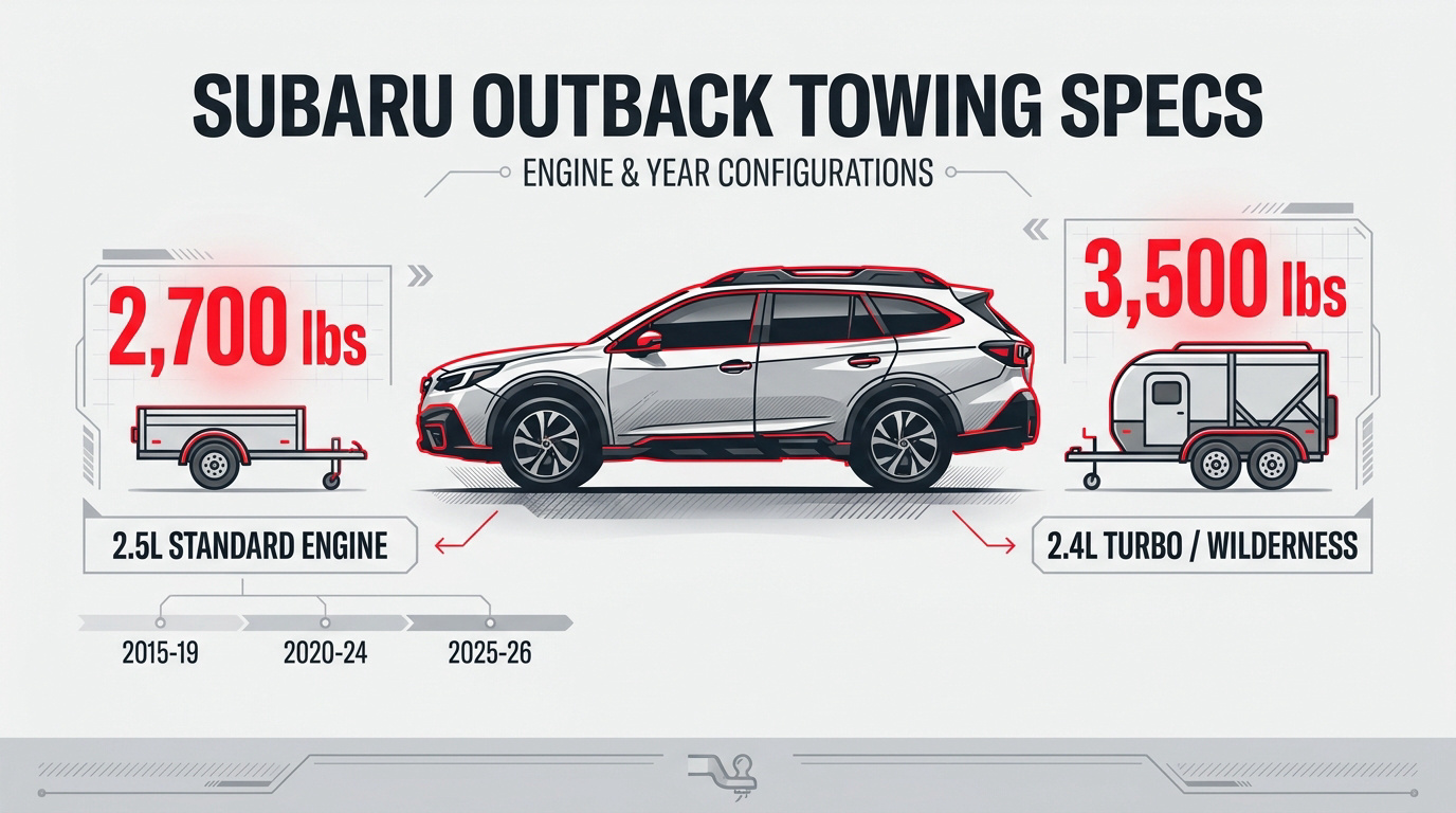 Subaru Outback towing a small trailer on a scenic mountain road