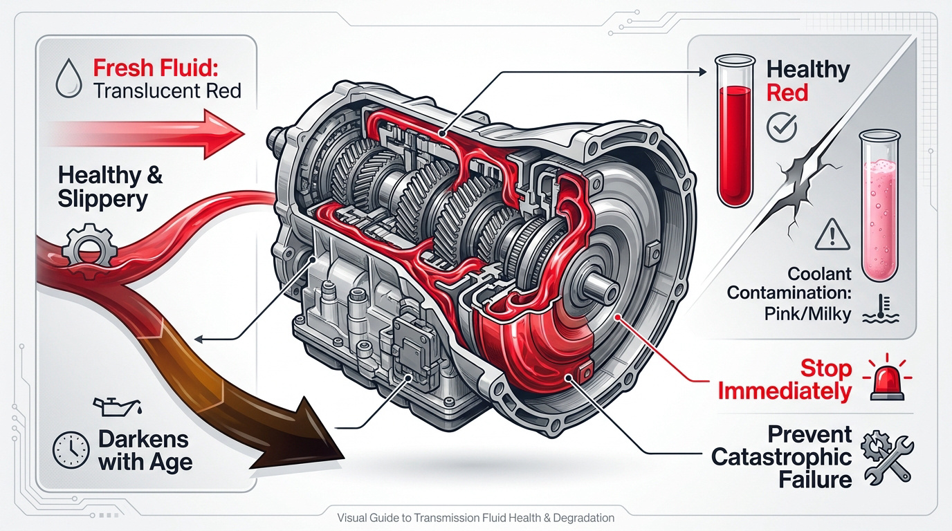 Visual chart showing transmission fluid color stages from healthy red to burnt black